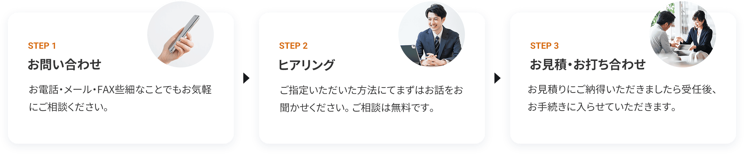STEP1 お問い合わせ お電話・メール・FAX些細なことでもお気軽にご相談ください。 STEP2 ヒアリング ご指定いただいた方法にてまずはお話をお聞かせください。ご相談は無料です。 STEP3 お見積・お打ち合わせ お見積りにご納得いただきましたら受任後、お手続きに入らせていただきます。